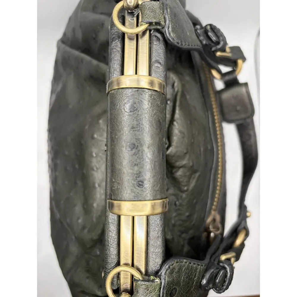 Tracy Reese Ostrich Embossed Leather Doctor‎ Bag Green Frame Satchel Kiss Lock